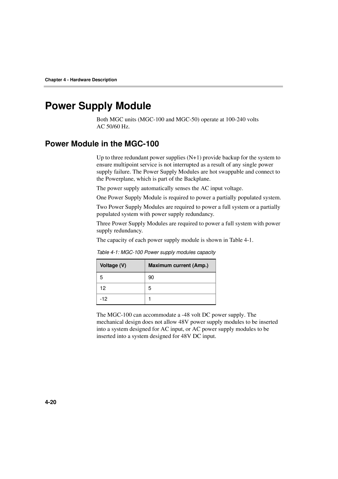 Polycom MGC-50/MGC-100 installation manual Power Supply Module, Power Module in the MGC-100, Voltage Maximum current Amp 