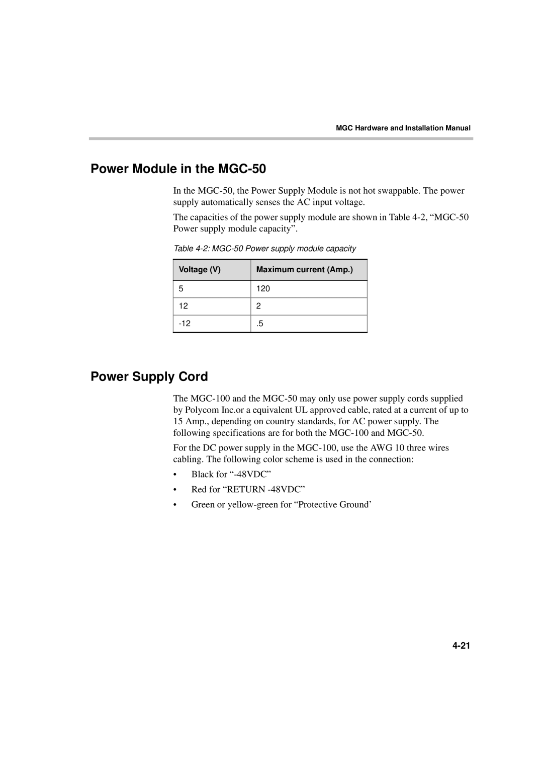 Polycom MGC-50/MGC-100 installation manual Power Module in the MGC-50, Power Supply Cord 