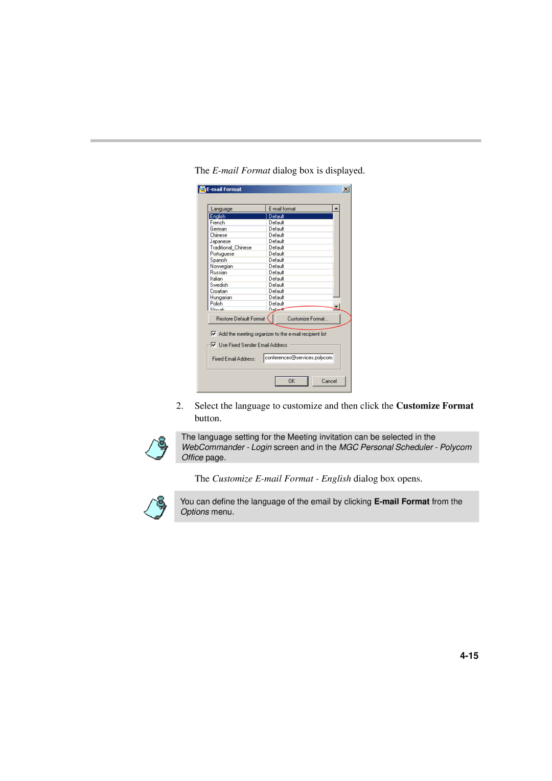 Polycom MGC WebCommander Version 9.0 manual Customize E-mail Format English dialog box opens 