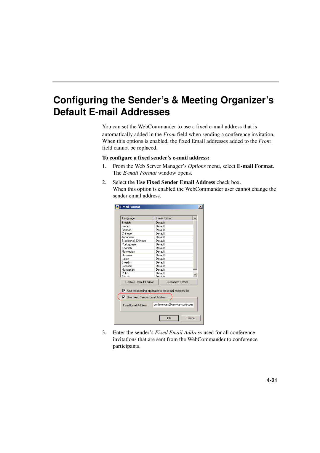 Polycom MGC WebCommander Version 9.0 manual To configure a fixed sender’s e-mail address 