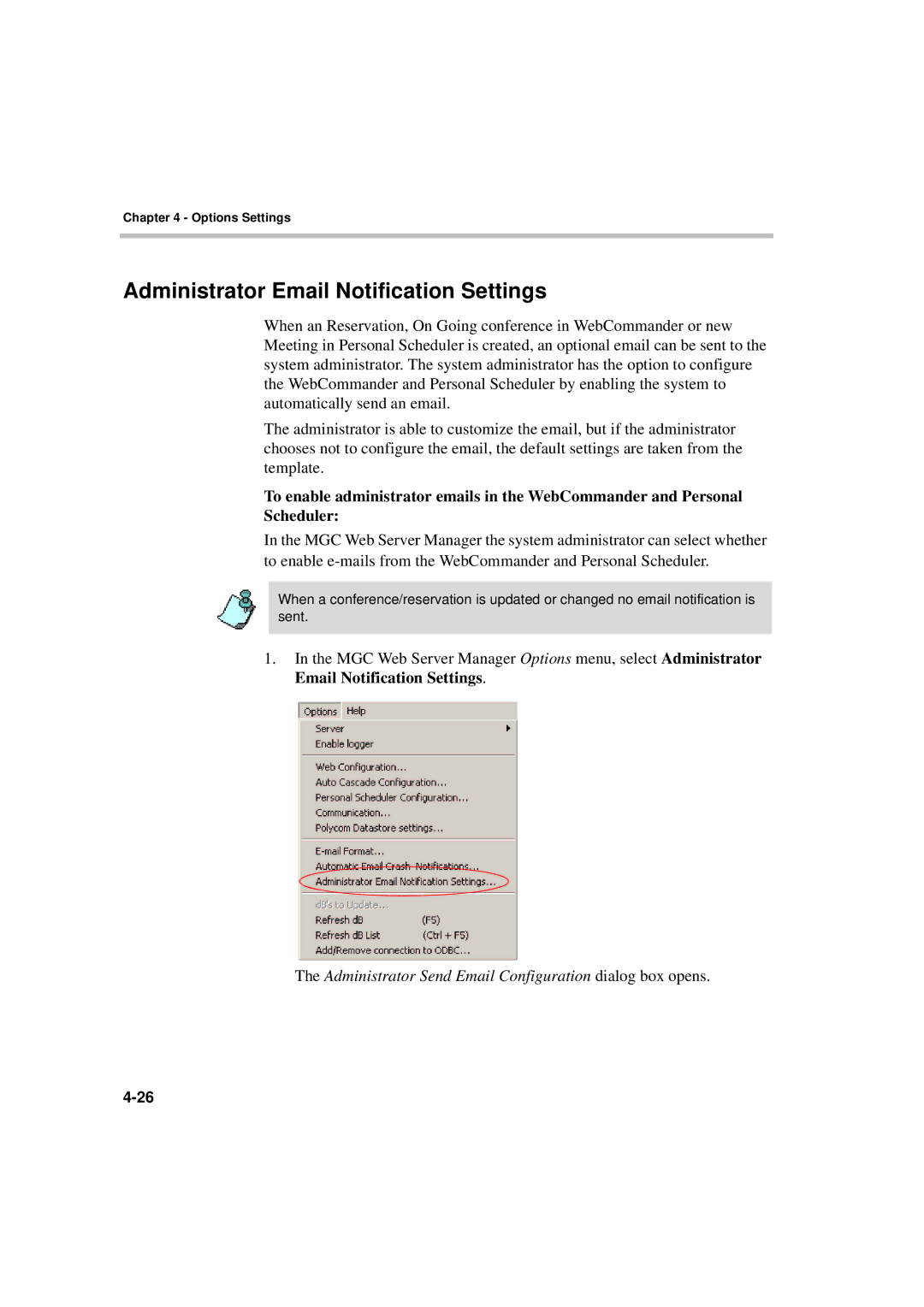 Polycom MGC WebCommander Version 9.0 manual Administrator Email Notification Settings 