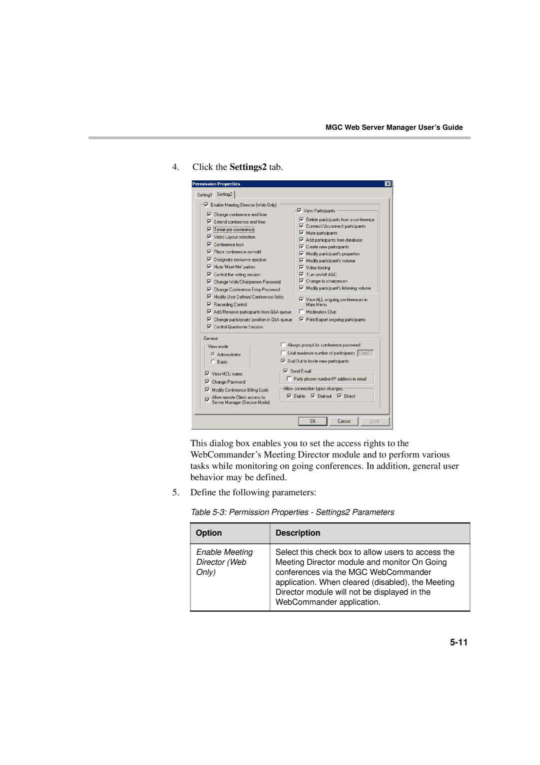 Polycom MGC WebCommander Version 9.0 manual Permission Properties Settings2 Parameters 