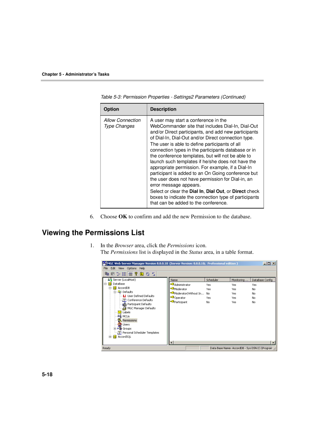 Polycom MGC WebCommander Version 9.0 manual Viewing the Permissions List 