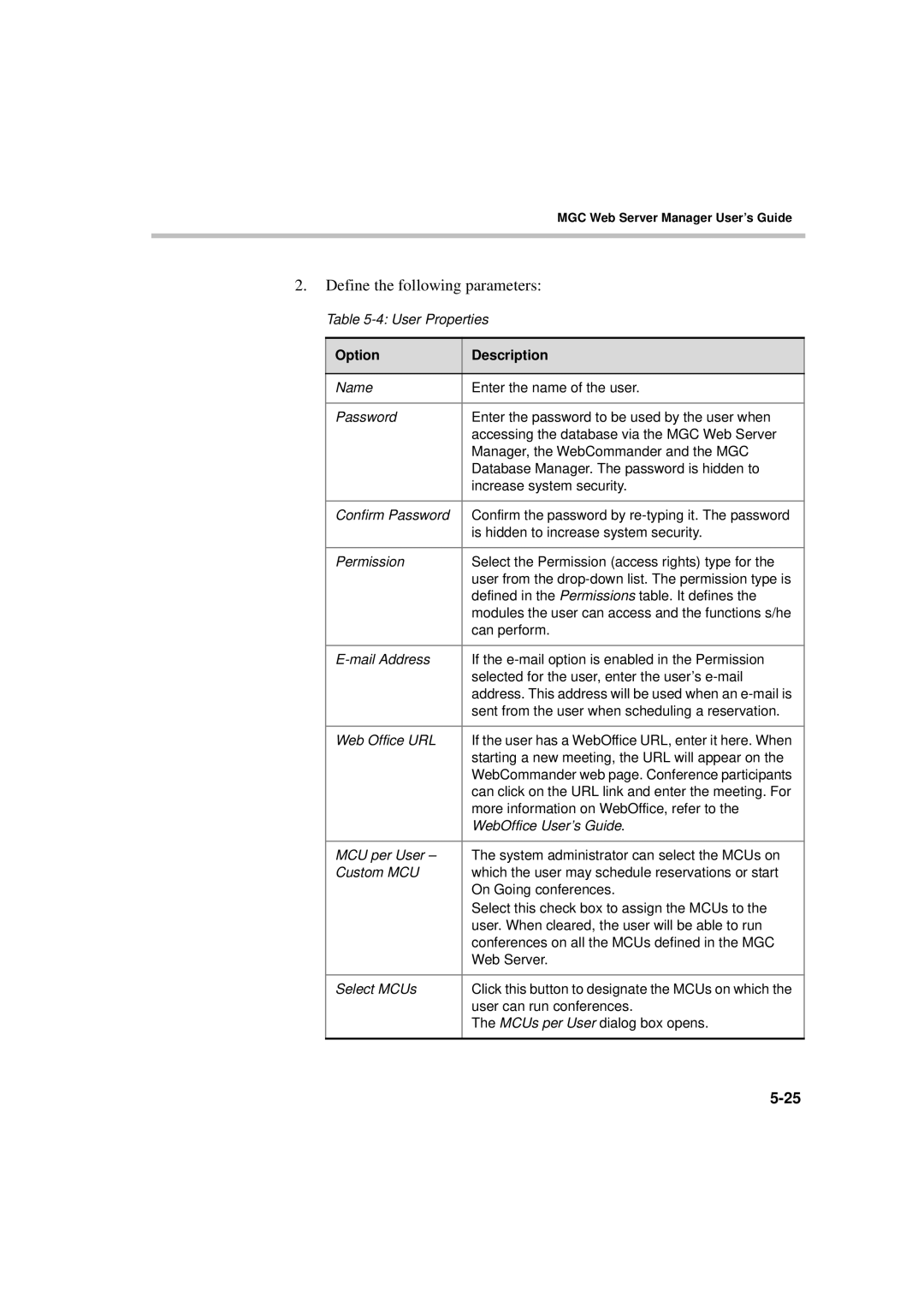 Polycom MGC WebCommander Version 9.0 manual User Properties 