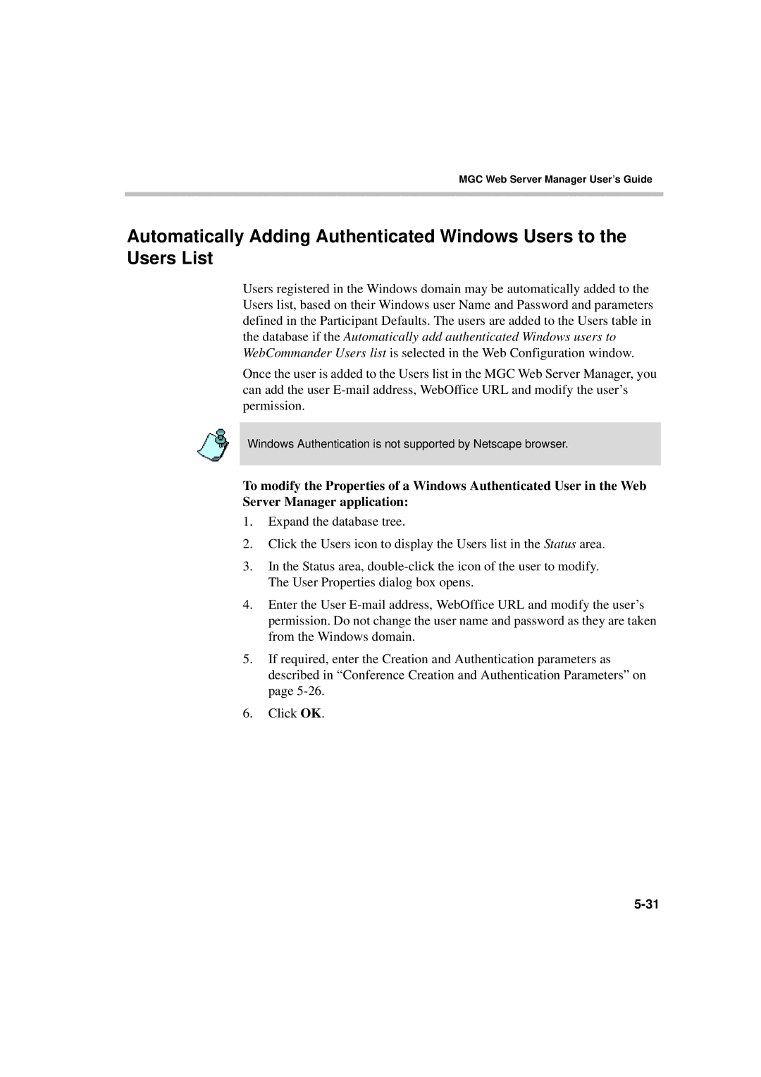 Polycom MGC WebCommander Version 9.0 manual Windows Authentication is not supported by Netscape browser 