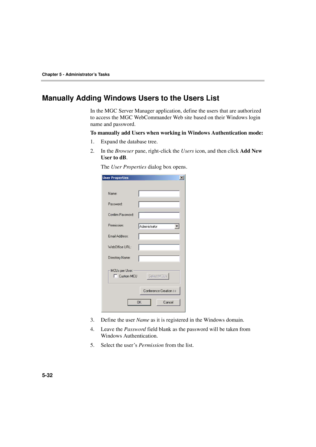 Polycom MGC WebCommander Version 9.0 manual Manually Adding Windows Users to the Users List 