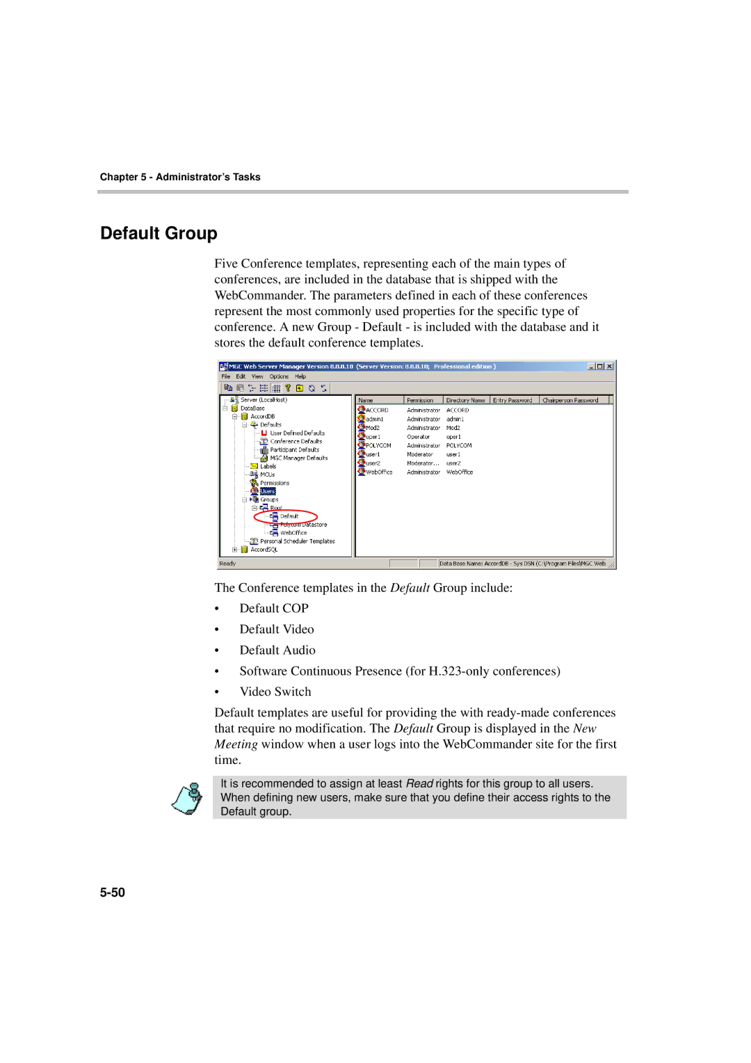 Polycom MGC WebCommander Version 9.0 manual Default Group 