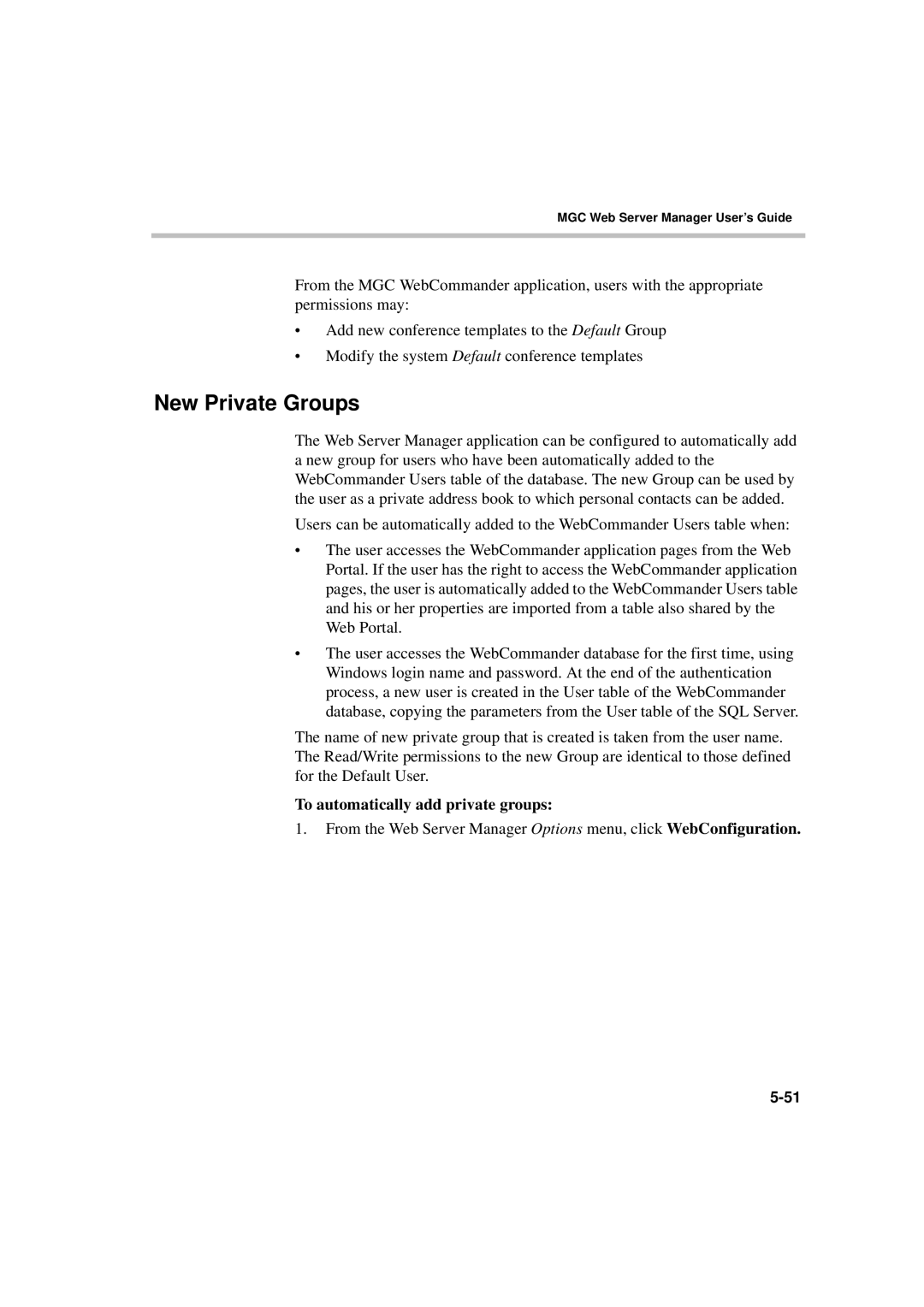 Polycom MGC WebCommander Version 9.0 manual New Private Groups, To automatically add private groups 