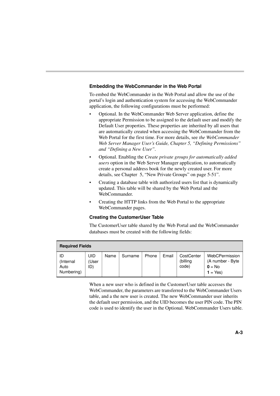 Polycom MGC WebCommander Version 9.0 manual Creating the CustomerUser Table 