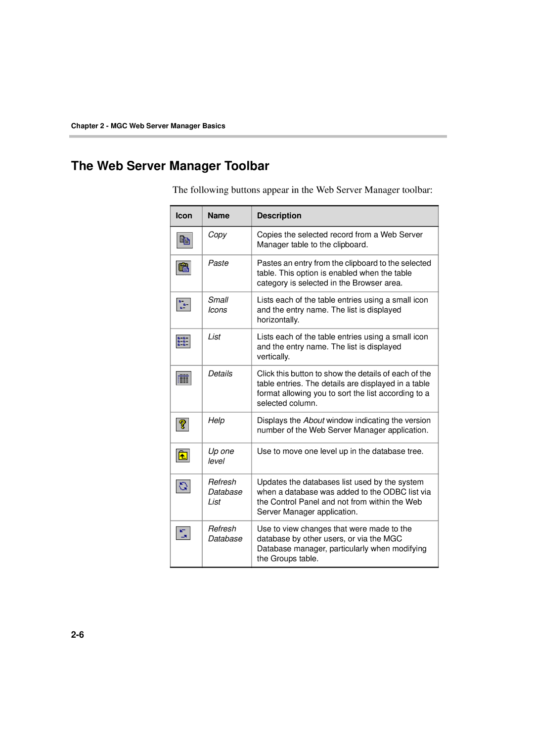 Polycom MGC WebCommander Version 9.0 manual Web Server Manager Toolbar, Icon Name Description 