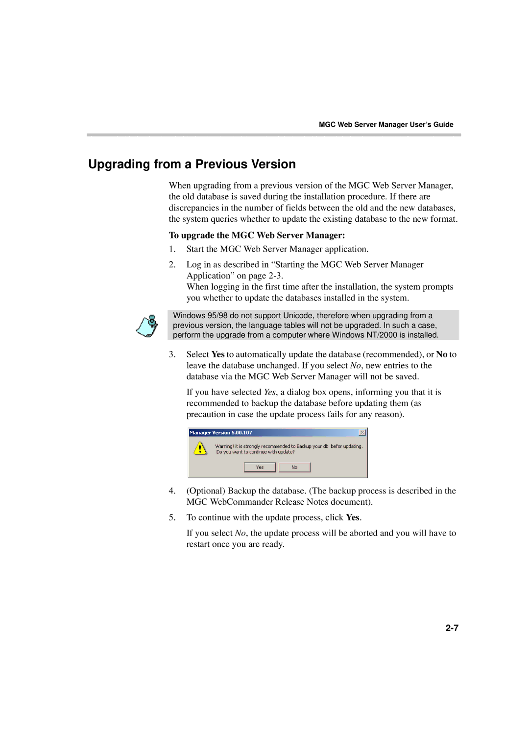 Polycom MGC WebCommander Version 9.0 manual Upgrading from a Previous Version, To upgrade the MGC Web Server Manager 