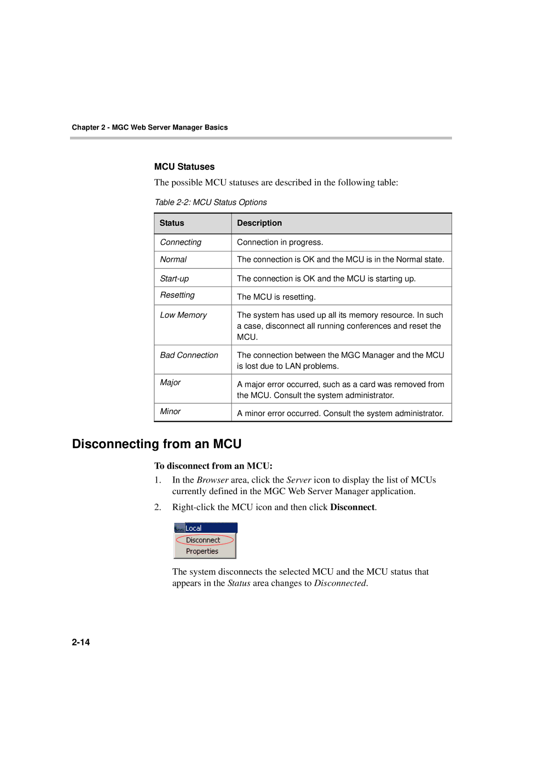 Polycom MGC WebCommander Version 9.0 manual Disconnecting from an MCU, To disconnect from an MCU, Status Description 