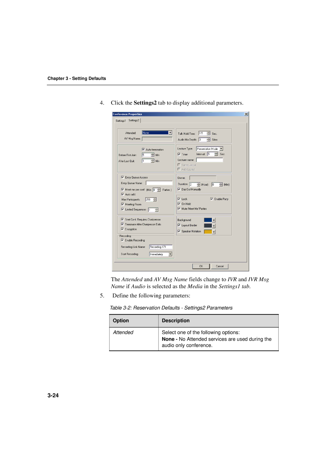 Polycom MGC WebCommander Version 9.0 manual Reservation Defaults Settings2 Parameters 