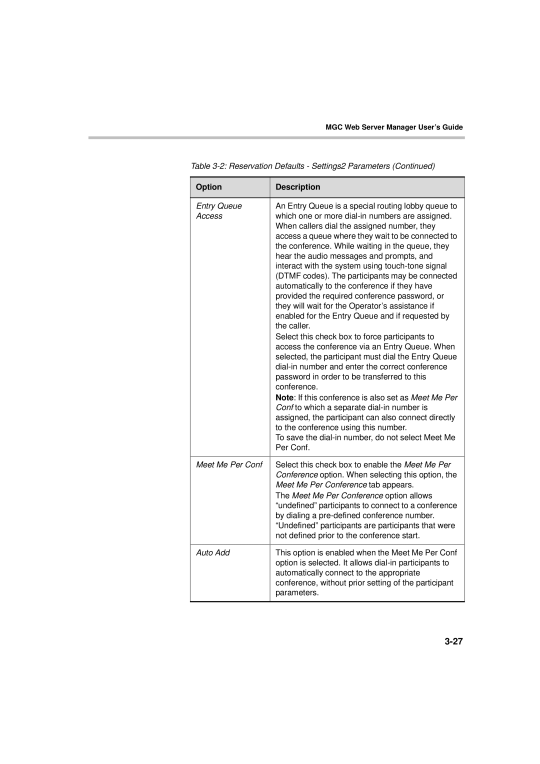 Polycom MGC WebCommander Version 9.0 manual Option Description 