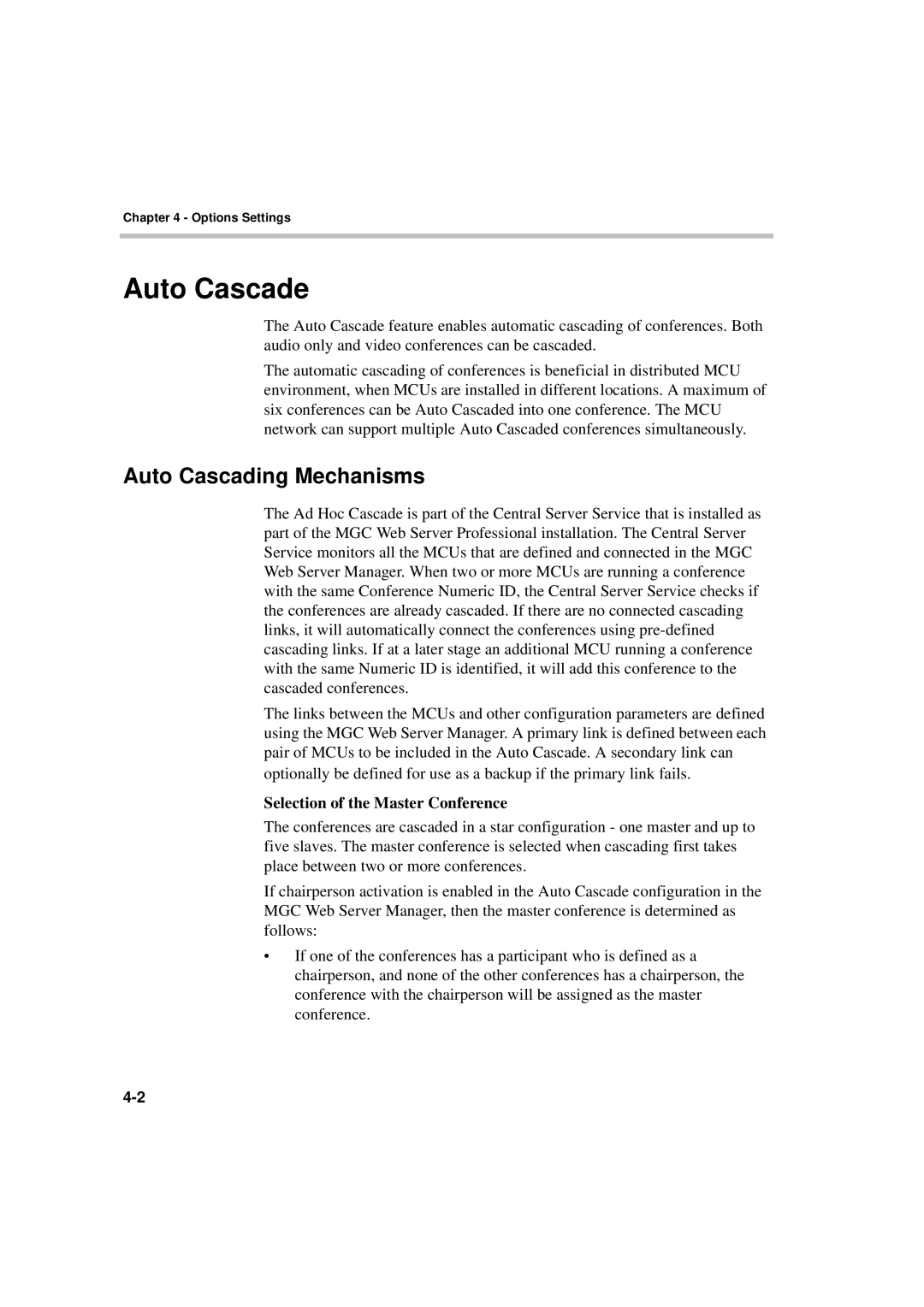 Polycom MGC WebCommander Version 9.0 manual Auto Cascade, Auto Cascading Mechanisms, Selection of the Master Conference 