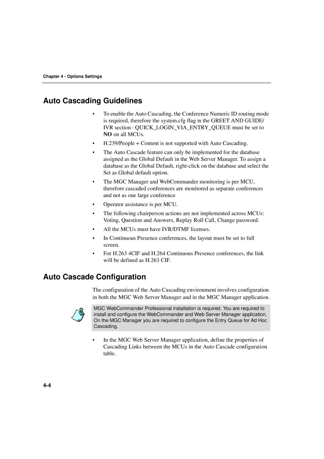 Polycom MGC WebCommander Version 9.0 manual Auto Cascading Guidelines, Auto Cascade Configuration 