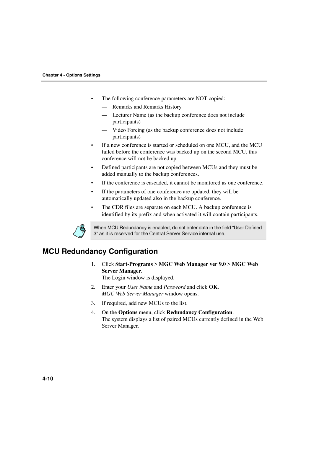 Polycom MGC WebCommander Version 9.0 MCU Redundancy Configuration, On the Options menu, click Redundancy Configuration 