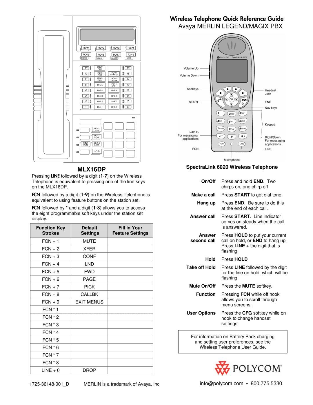 Polycom MLX16DP manual SpectraLink 6020 Wireless Telephone 