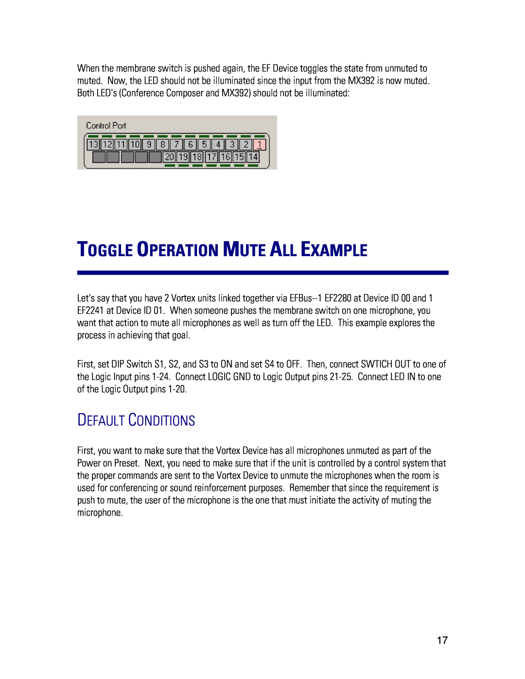 Polycom MX392 manual Toggle Operation Mute All Example, Default Conditions 