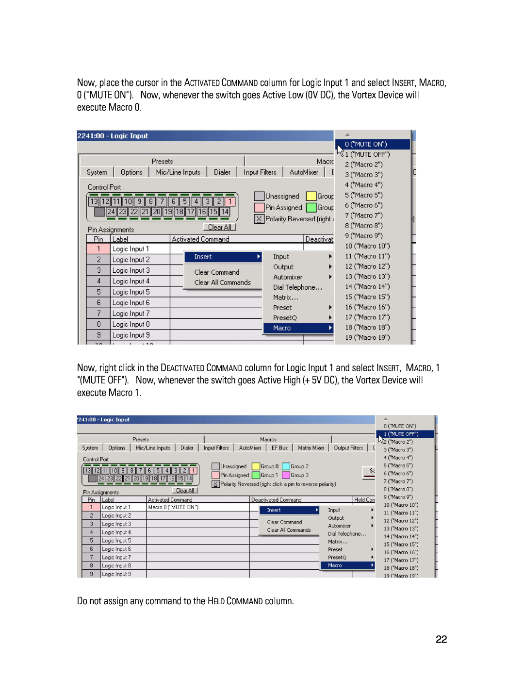 Polycom MX392 manual Do not assign any command to the HELD COMMAND column 