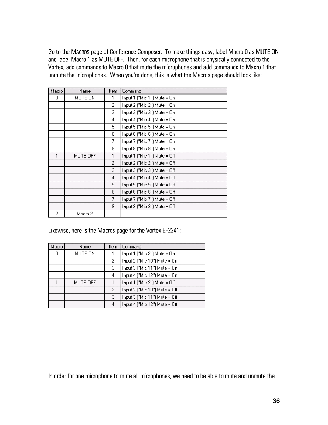 Polycom MX392 manual Likewise, here is the Macros page for the Vortex EF2241 