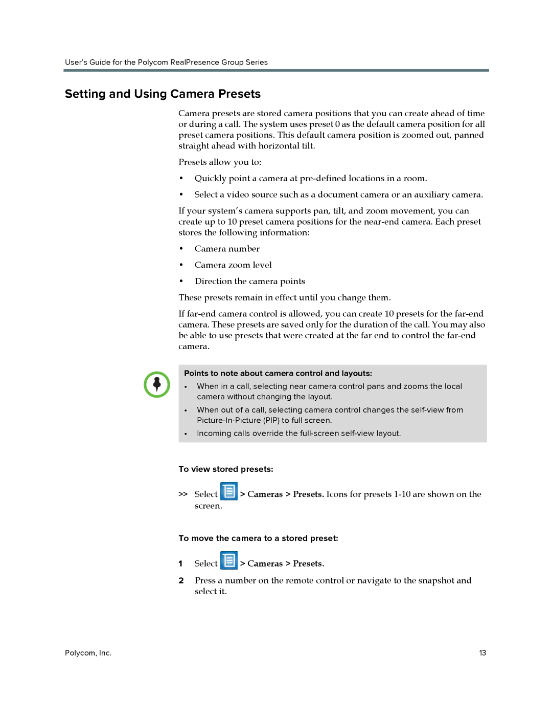 Polycom P001 Setting and Using Camera Presets, Points to note about camera control and layouts, To view stored presets 