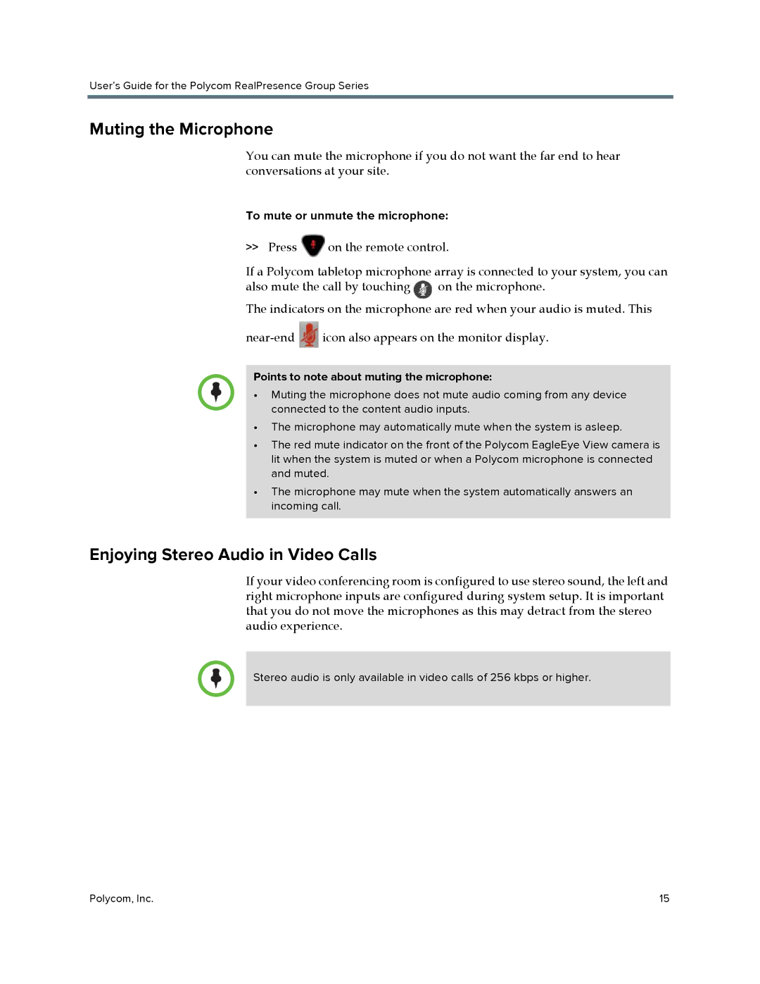 Polycom P001 manual Muting the Microphone, Enjoying Stereo Audio in Video Calls, To mute or unmute the microphone 