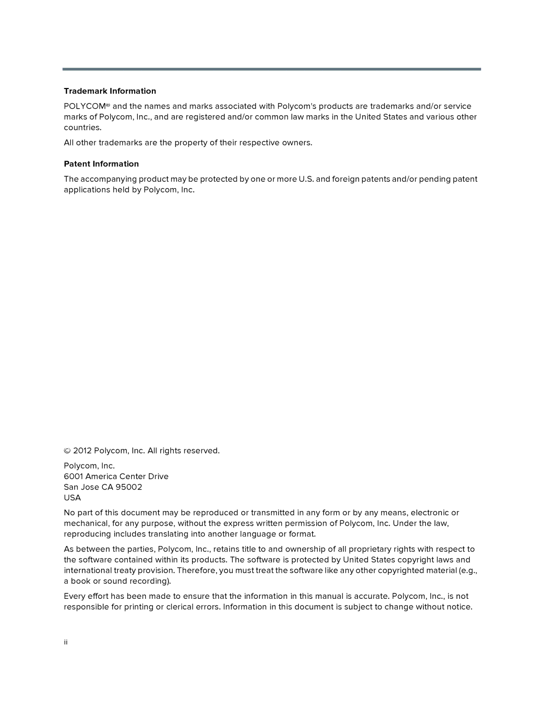 Polycom P001 manual Trademark Information, Patent Information 