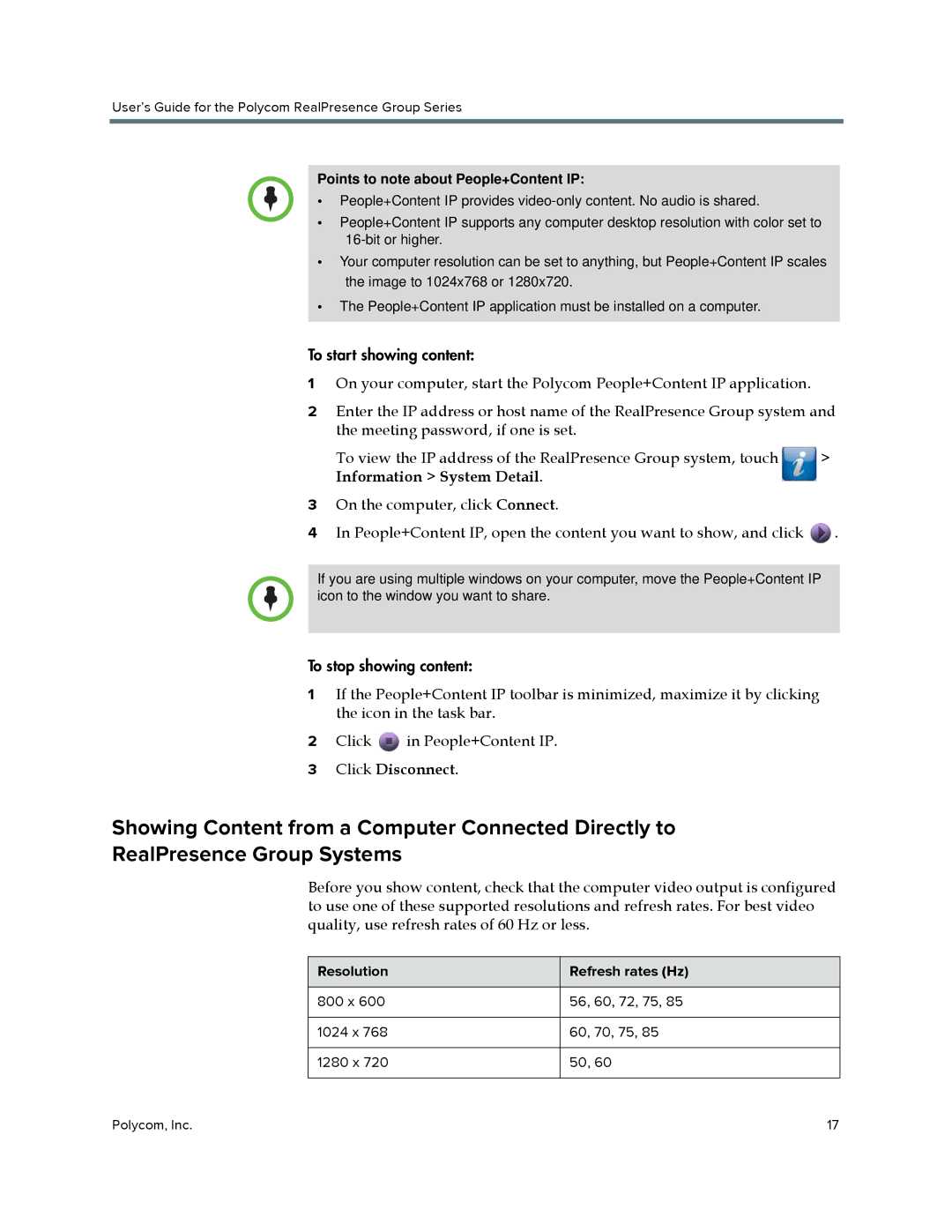 Polycom P001 manual Information System Detail, Click Disconnect, Resolution, Refresh rates Hz 