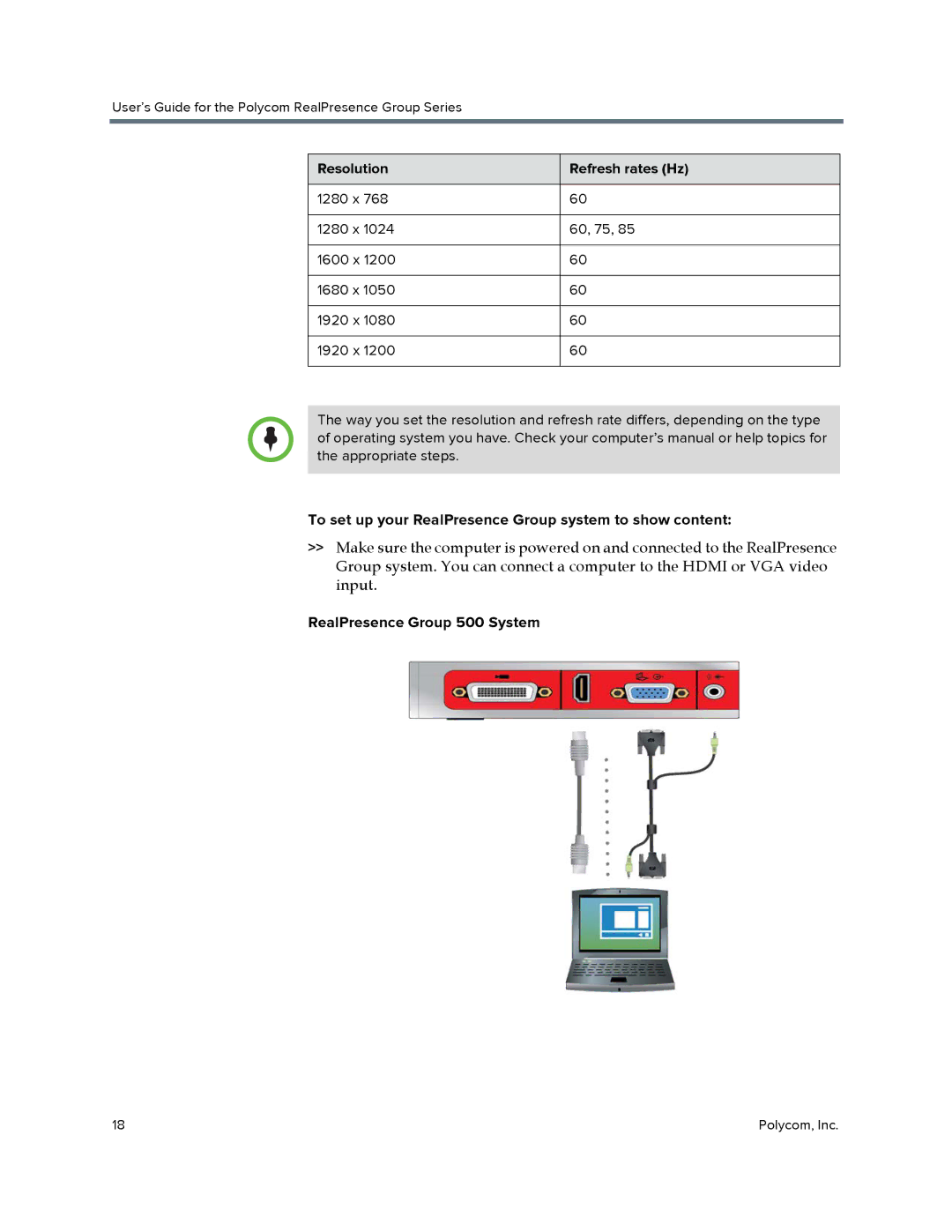 Polycom P001 manual Resolution Refresh rates Hz, To set up your RealPresence Group system to show content 