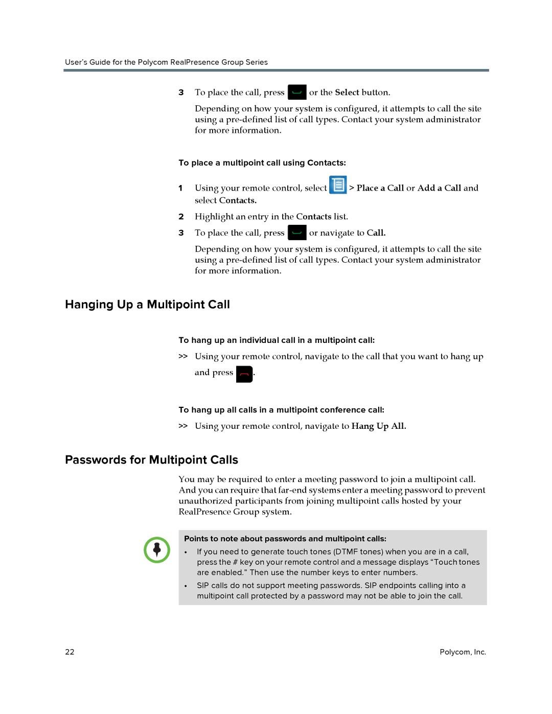 Polycom P001 manual Hanging Up a Multipoint Call, Passwords for Multipoint Calls 