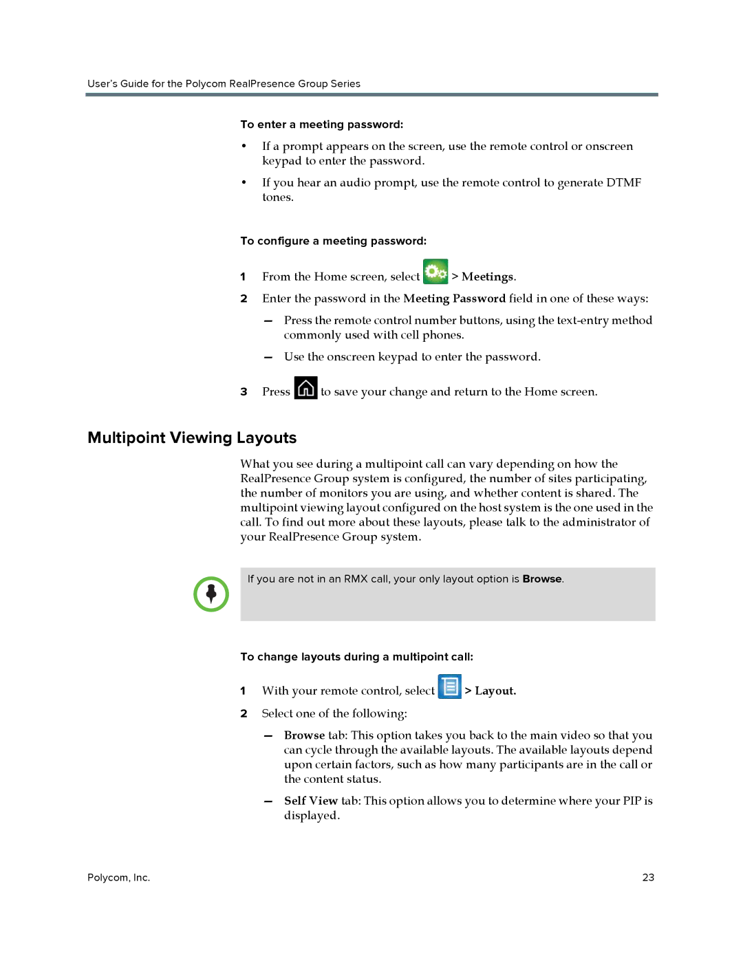 Polycom P001 manual Multipoint Viewing Layouts, To enter a meeting password, To configure a meeting password 