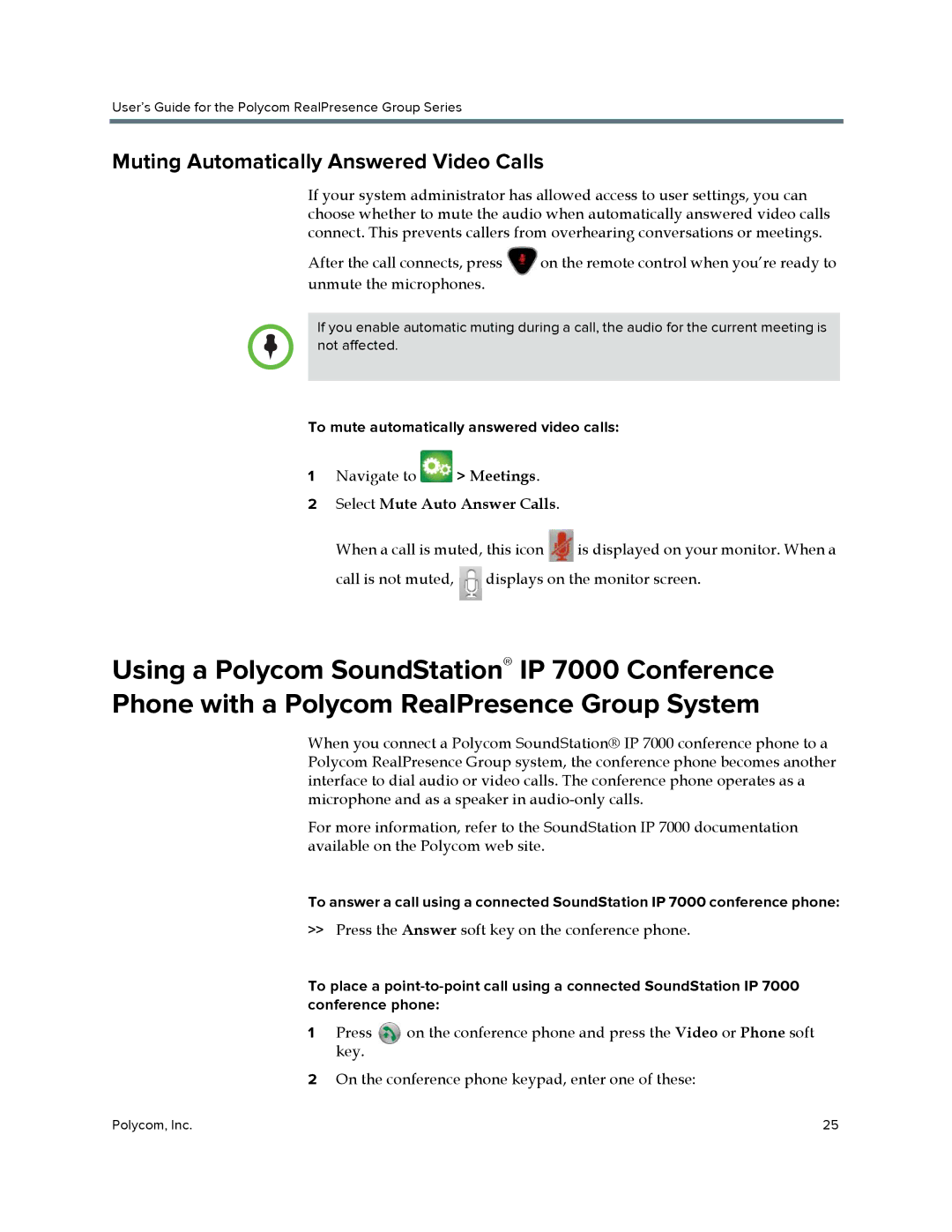 Polycom P001 manual Muting Automatically Answered Video Calls, To mute automatically answered video calls 