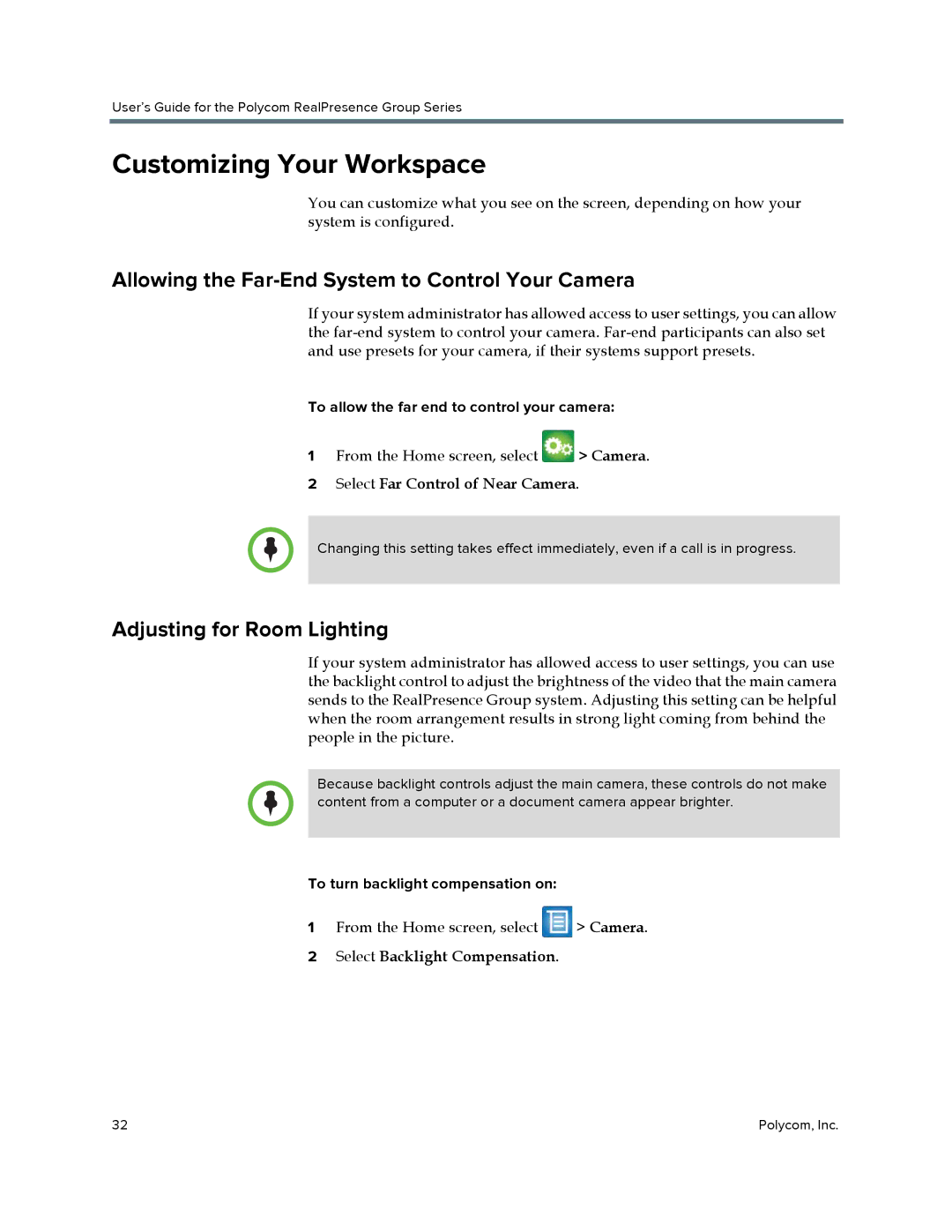 Polycom P001 Customizing Your Workspace, Allowing the Far-End System to Control Your Camera, Adjusting for Room Lighting 