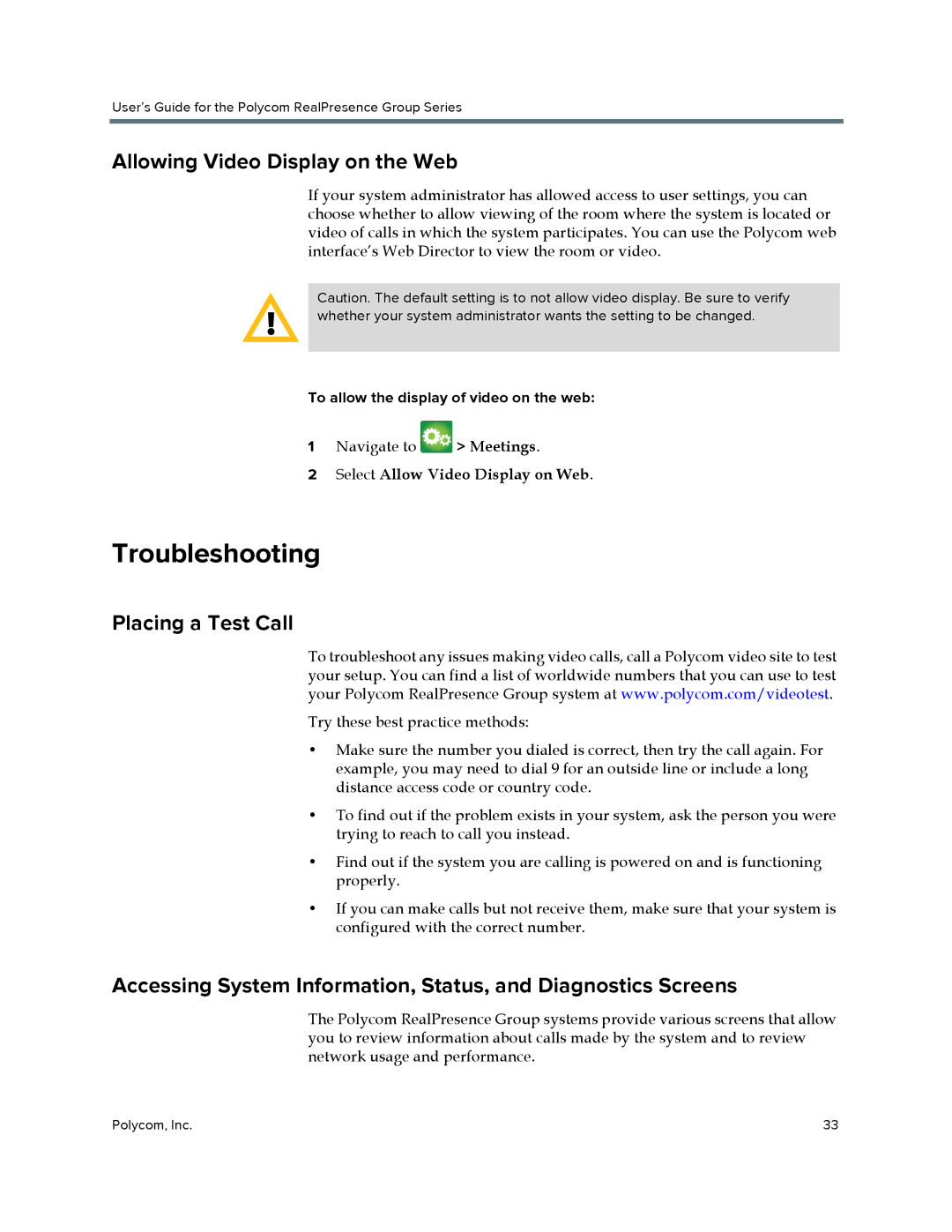 Polycom P001 Troubleshooting, Allowing Video Display on the Web, Placing a Test Call, Select Allow Video Display on Web 