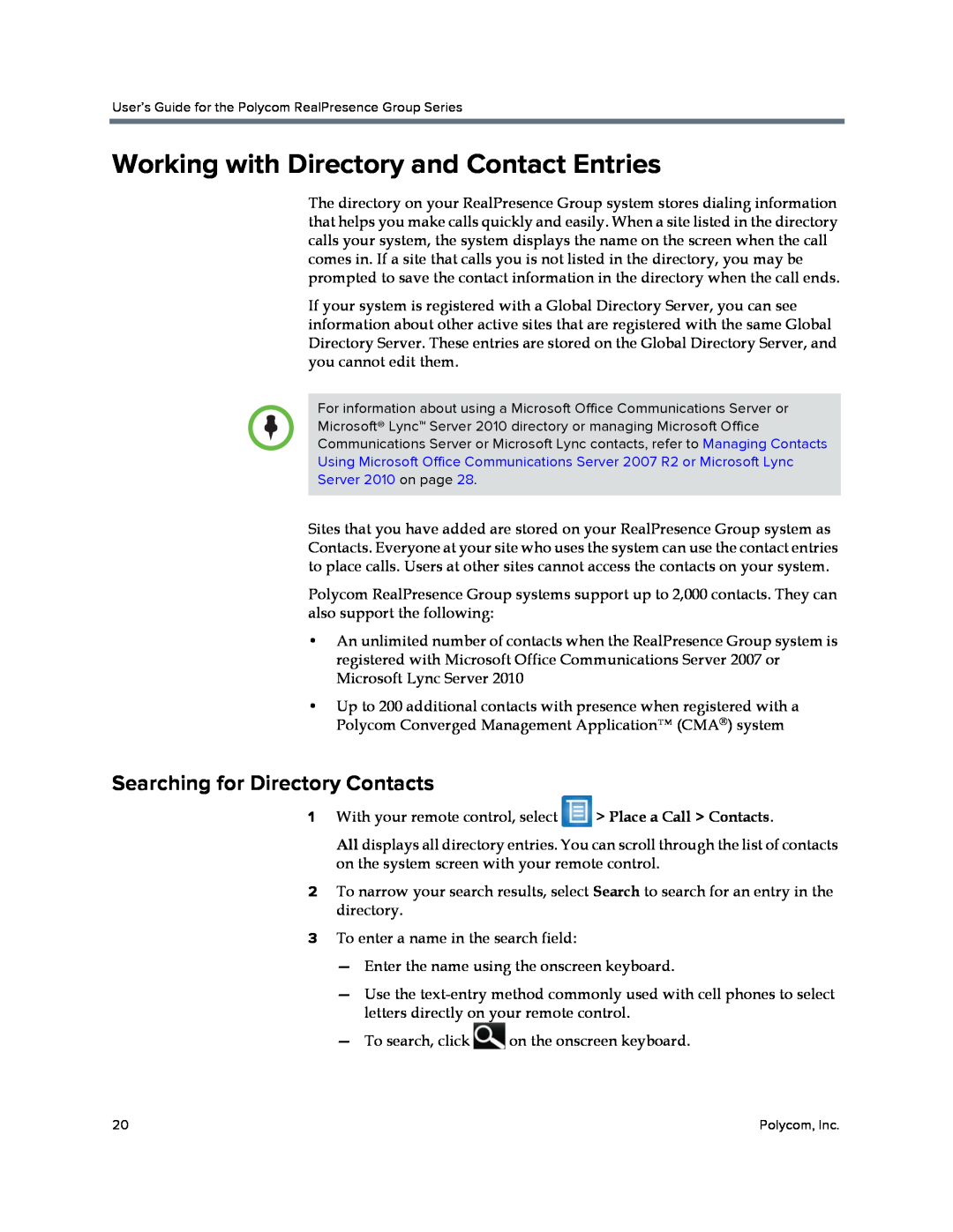 Polycom P001 manual Working with Directory and Contact Entries, Searching for Directory Contacts, Server 2010 on page 