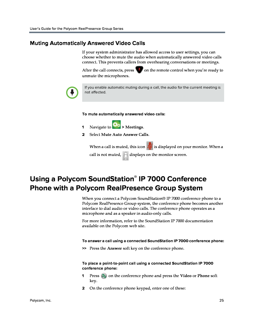 Polycom P001 manual Muting Automatically Answered Video Calls, To mute automatically answered video calls 