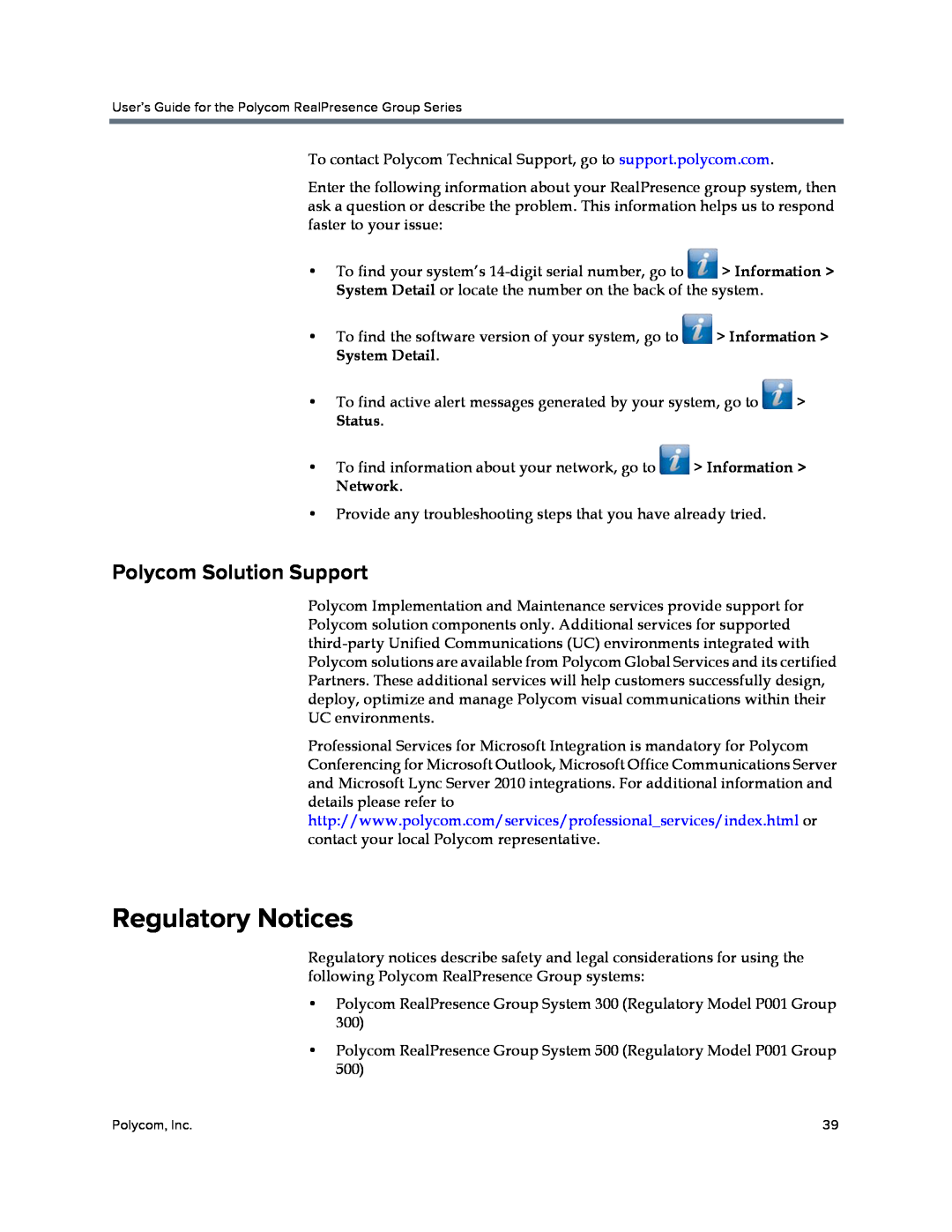 Polycom P001 manual Regulatory Notices, Polycom Solution Support 