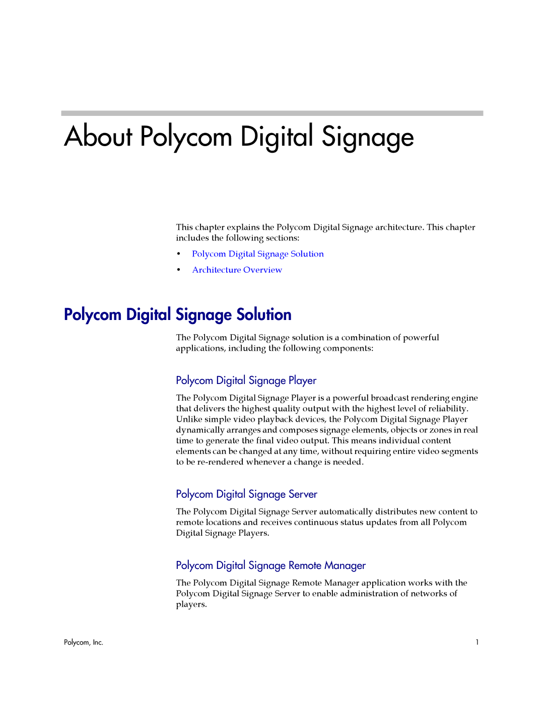 Polycom PDS 2000 manual Polycom Digital Signage Solution, Polycom Digital Signage Player, Polycom Digital Signage Server 