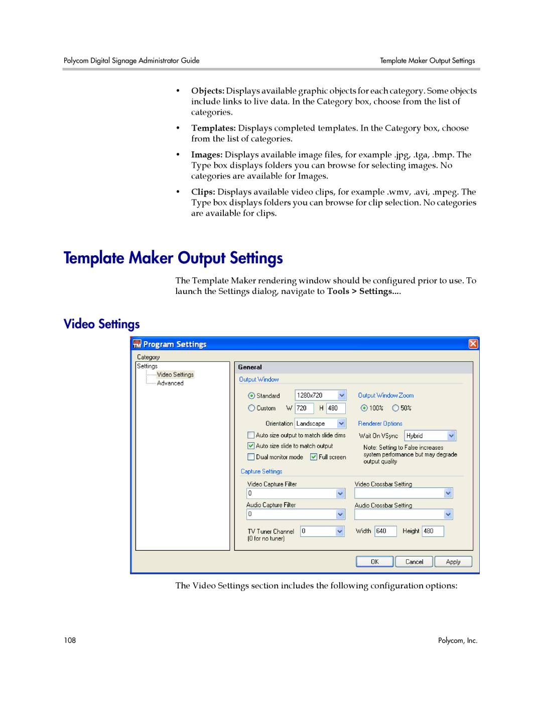 Polycom PDS 2000 manual Template Maker Output Settings, Video Settings 