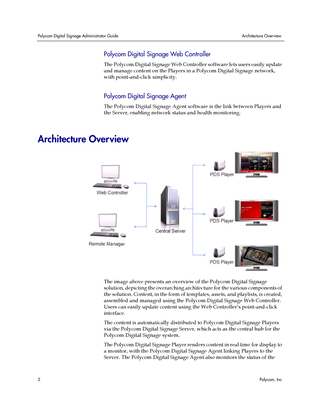 Polycom PDS 2000 manual Architecture Overview, Polycom Digital Signage Web Controller, Polycom Digital Signage Agent 