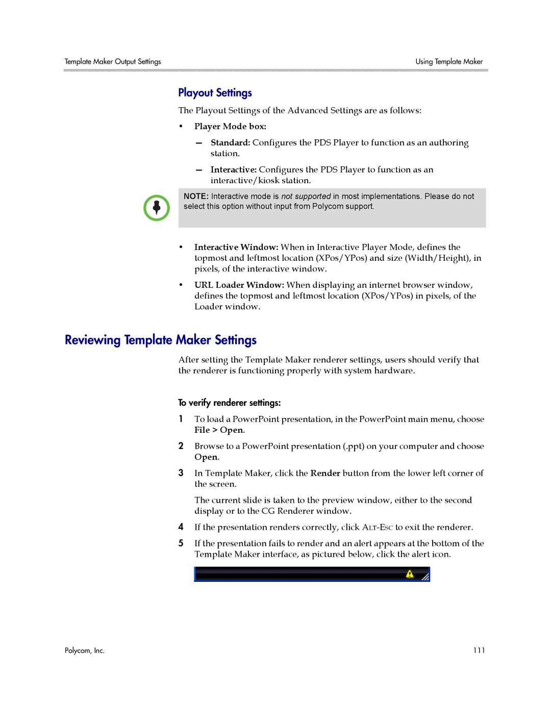 Polycom PDS 2000 manual Reviewing Template Maker Settings, Playout Settings 