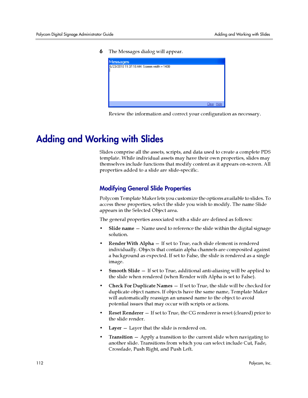 Polycom PDS 2000 manual Adding and Working with Slides, Modifying General Slide Properties 