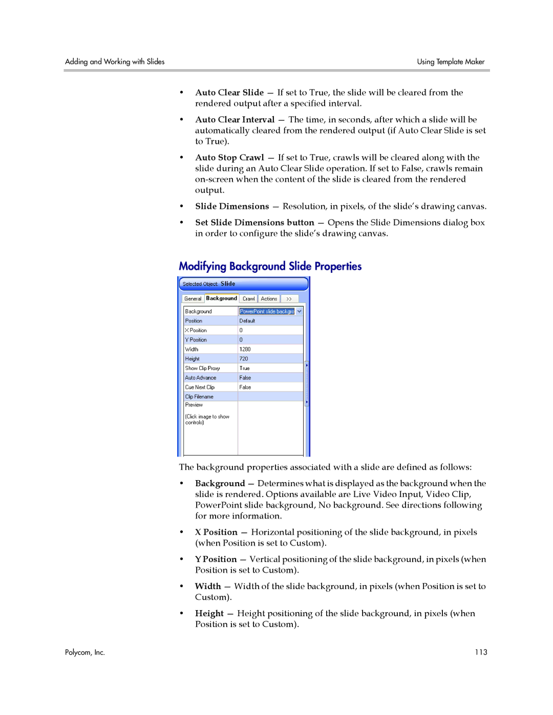 Polycom PDS 2000 manual Modifying Background Slide Properties 