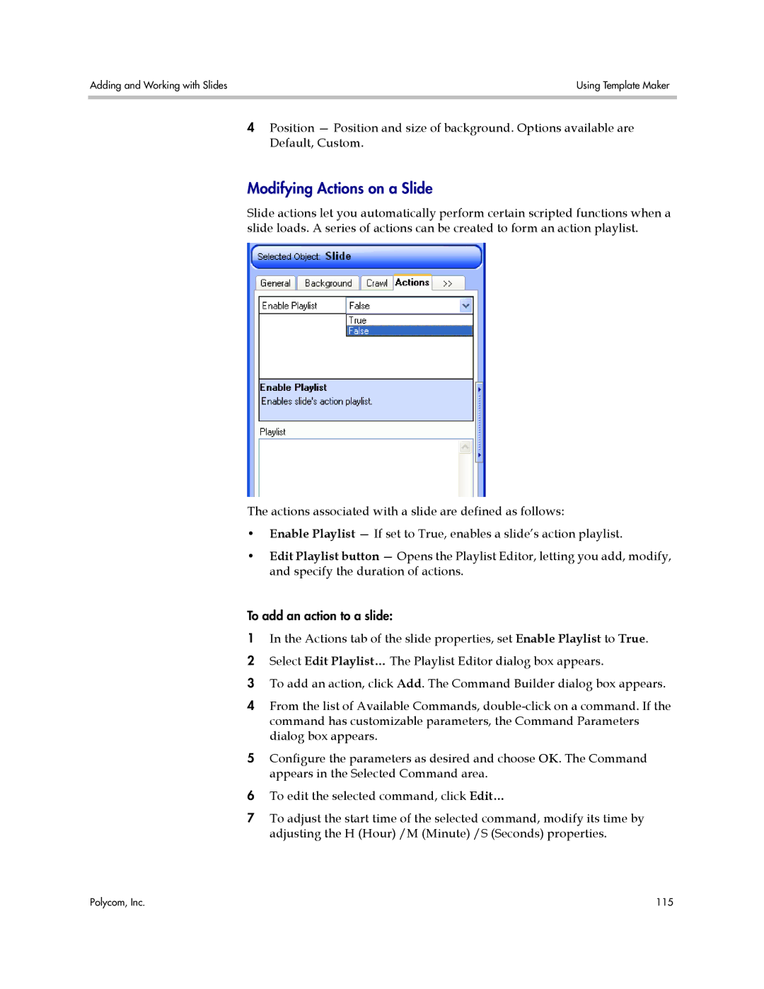 Polycom PDS 2000 manual Modifying Actions on a Slide 