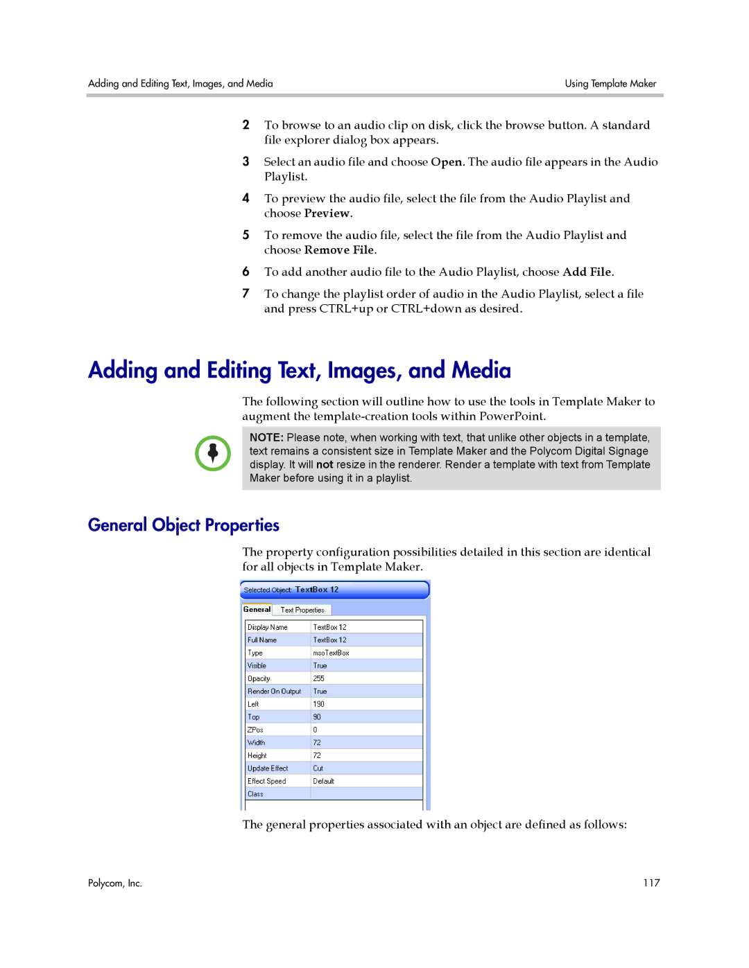 Polycom PDS 2000 manual Adding and Editing Text, Images, and Media, General Object Properties 