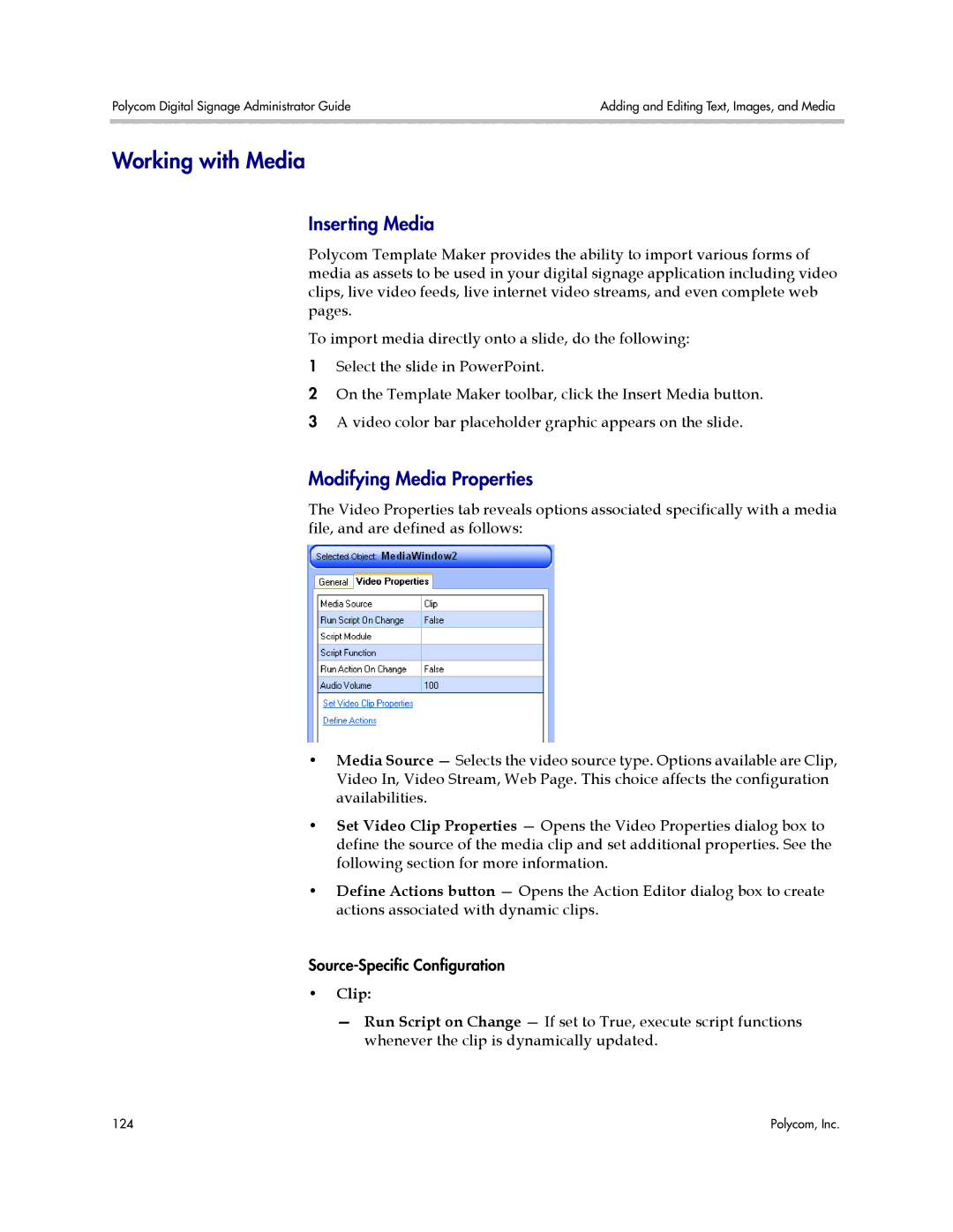 Polycom PDS 2000 manual Working with Media, Inserting Media, Modifying Media Properties, Clip 