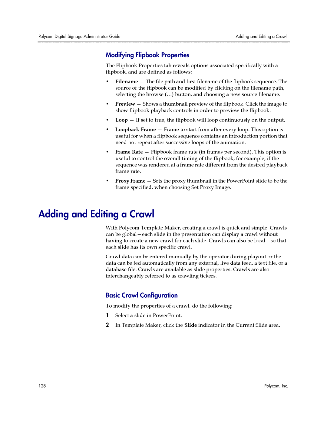 Polycom PDS 2000 manual Adding and Editing a Crawl, Modifying Flipbook Properties, Basic Crawl Configuration 