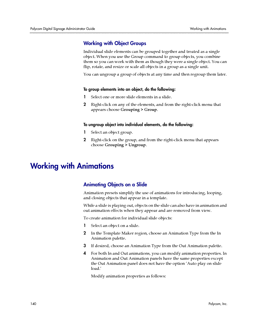 Polycom PDS 2000 manual Working with Animations, Working with Object Groups, Animating Objects on a Slide 