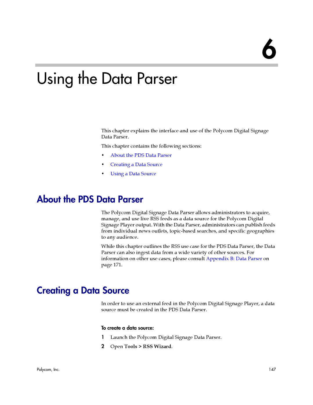 Polycom PDS 2000 manual About the PDS Data Parser, Creating a Data Source, Open Tools RSS Wizard 